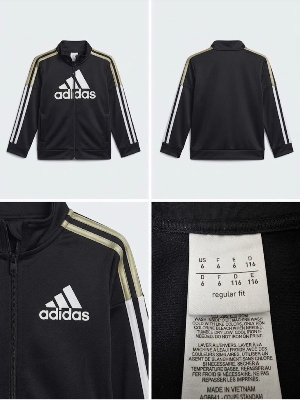 adidas Black Zip-Front Track Jacket with Gold and White Stripes
